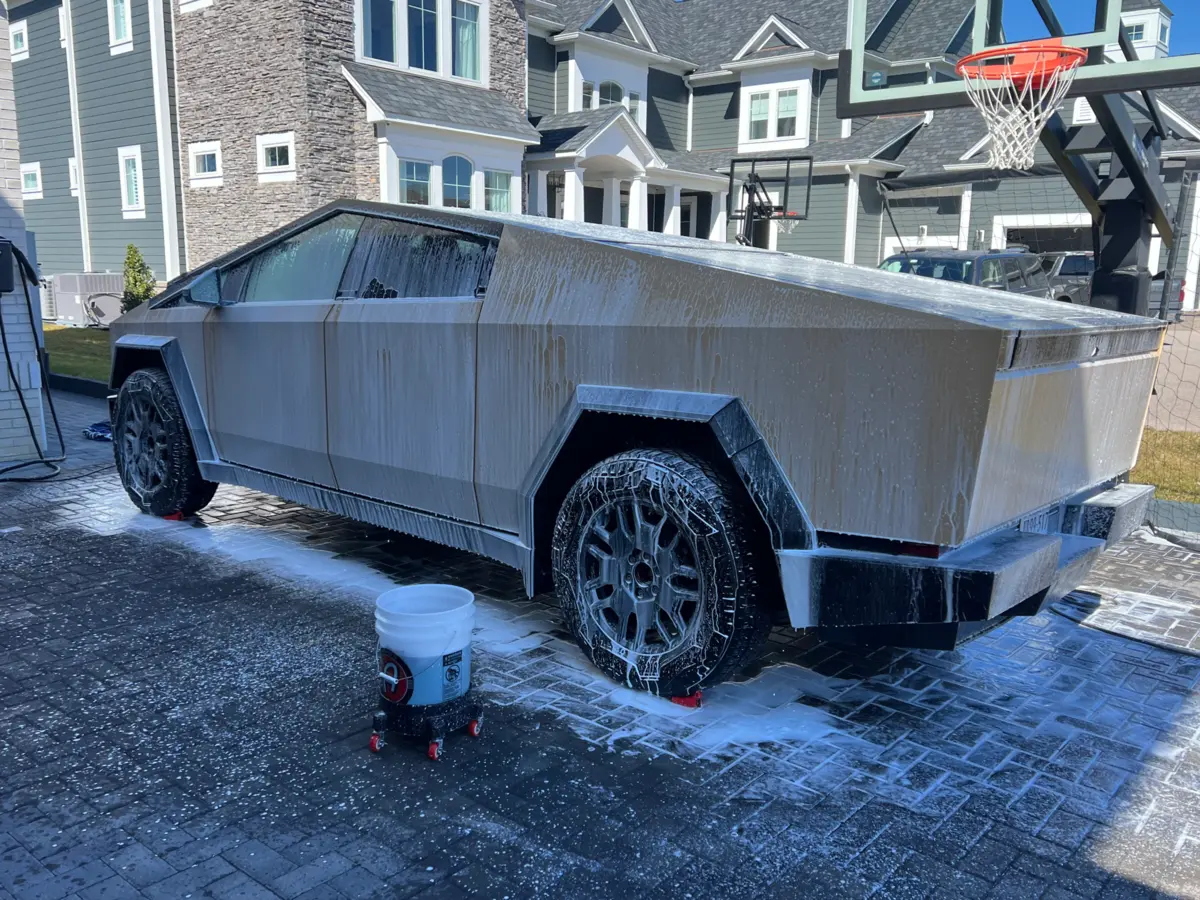 Cybertruck covered in foam during detailing